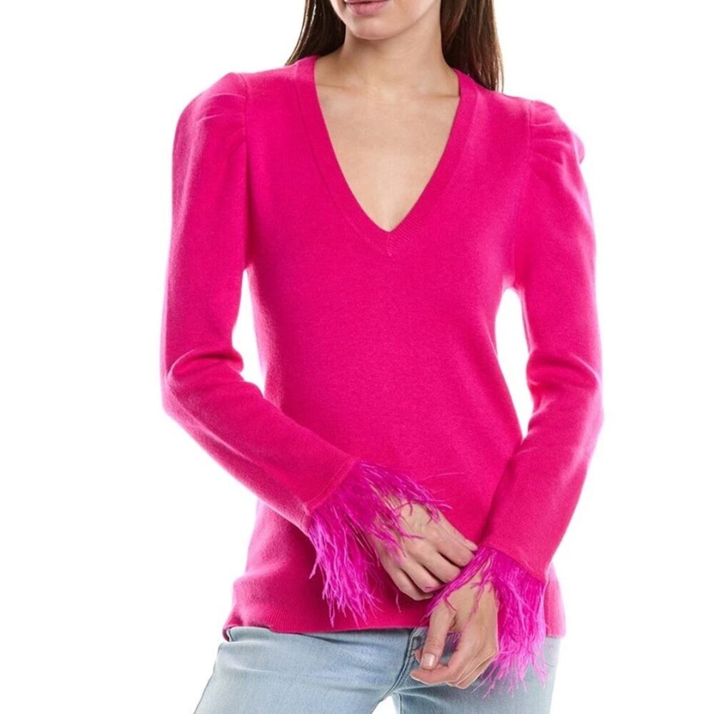 Crosby‎ By Mollie Burch Teddie feather trim sweater puff sleeve hot pink sz XL